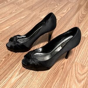 Worn Once Slip On Black Satin Peep Toe w/ Bow 4.5” High Shiny Black Heels